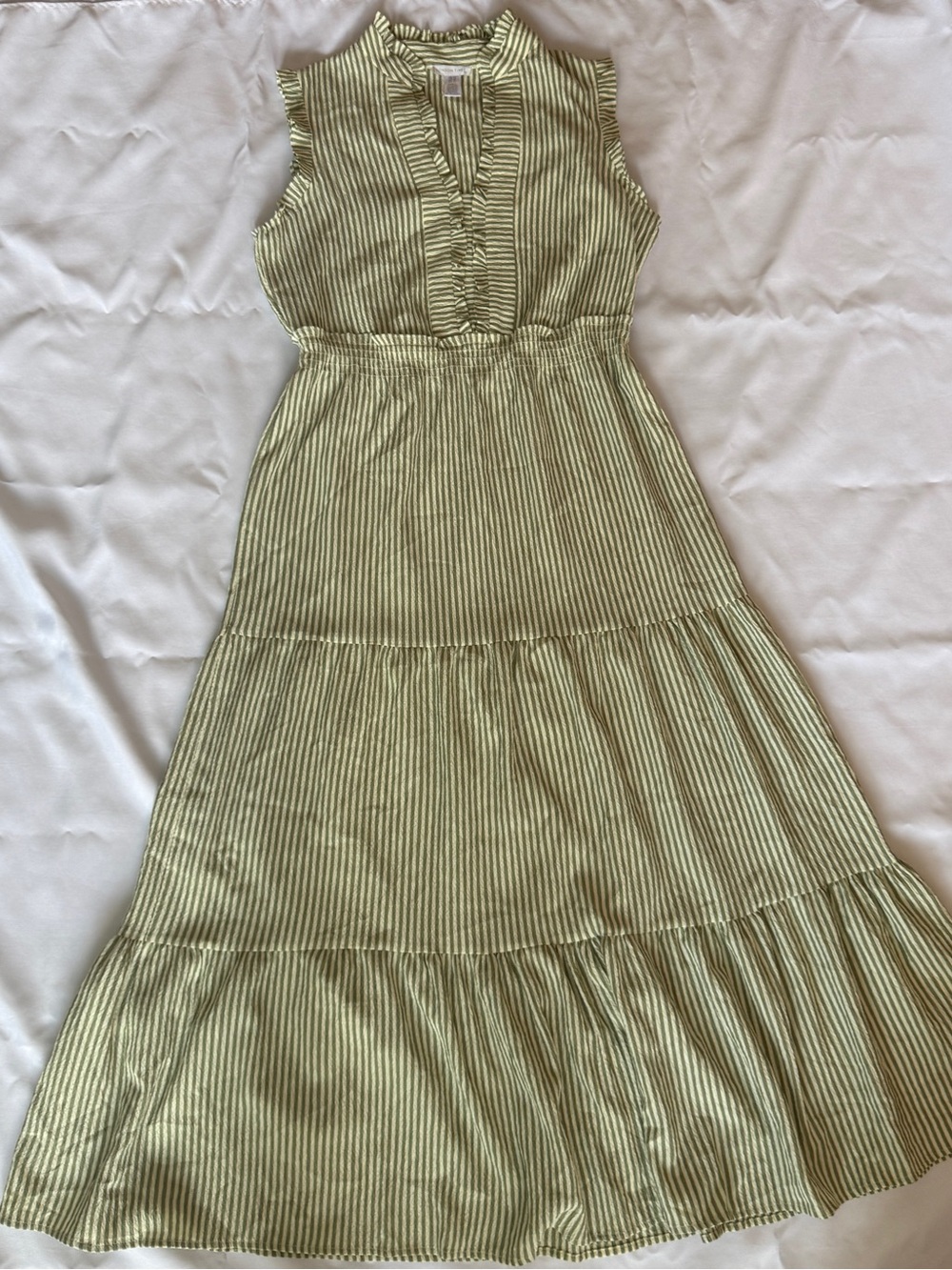 London Times Olive Green Striped Sleeveless Tiered Midi Dress